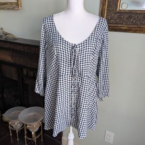 Torrid Size 1 Women's 1X Gingham Lace Up Blue White Babydoll Top 3/4 Sleeve